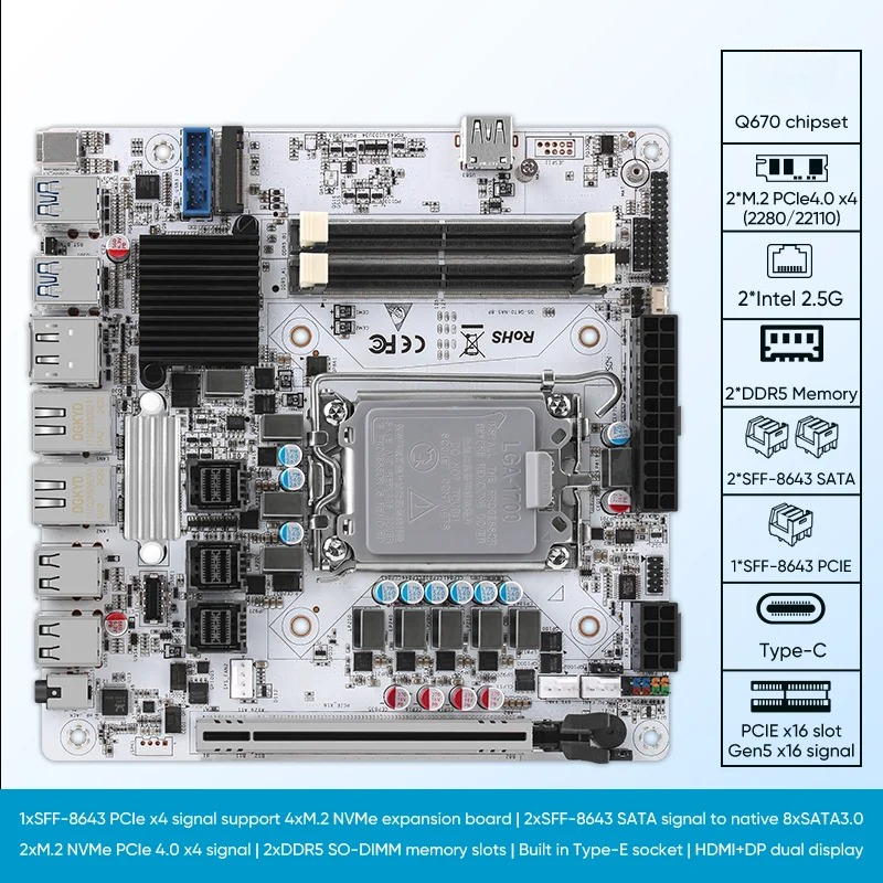 第12/13/14世代NASマザーボードQ670 8*SAT - Lga 1700 Ddr5 Itx Motherboard のレビューと価格
